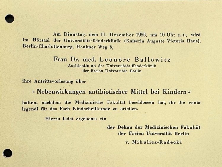 Einladungsschreiben zur Antrittsvorlesung von Dr. med. Leonore Ballowitz.