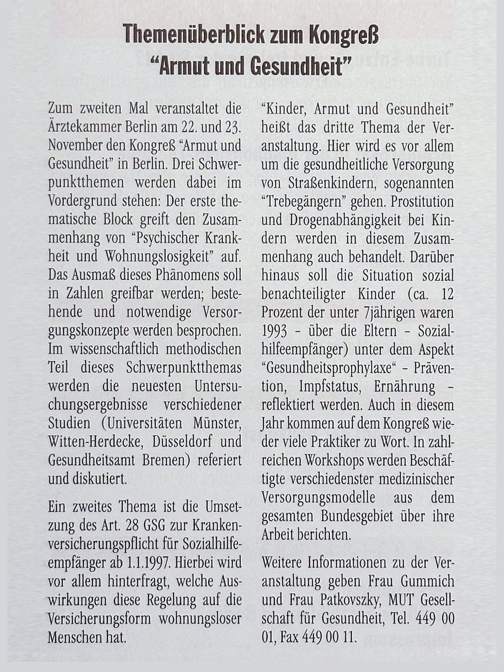 BERLINER ÄRZTE, Heft 11/1996, Seite 6: Themenüberblick zum Kongreß „Armut und Gesundheit” 