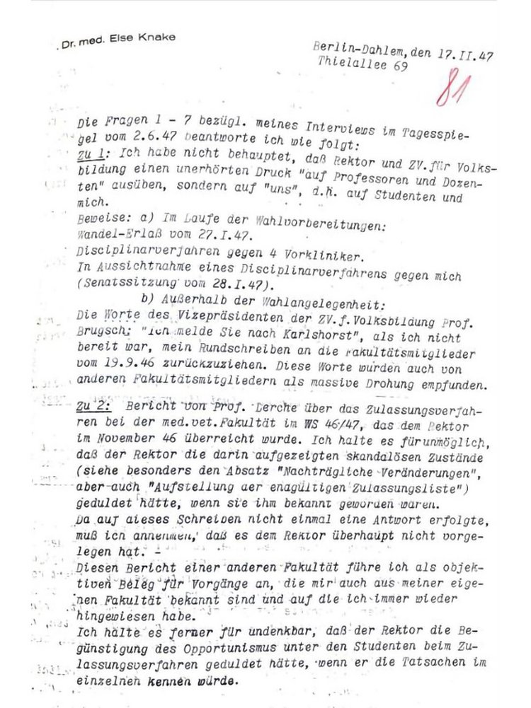 Schreiben von Else Knake betreffs „Tagesspiegel“-Interview