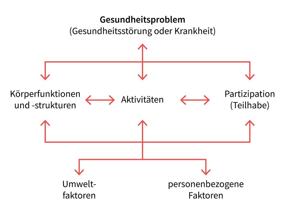 Quelle: Bundesinstitut für Arzneimittel und Medizinprodukte (www.bfarm.de/DE/Kodiersysteme/Klassifikationen/ICF/_node.html, abgerufen am 23.02.2026) Bio-Psycho-Soziale Modell der WHO von 2001