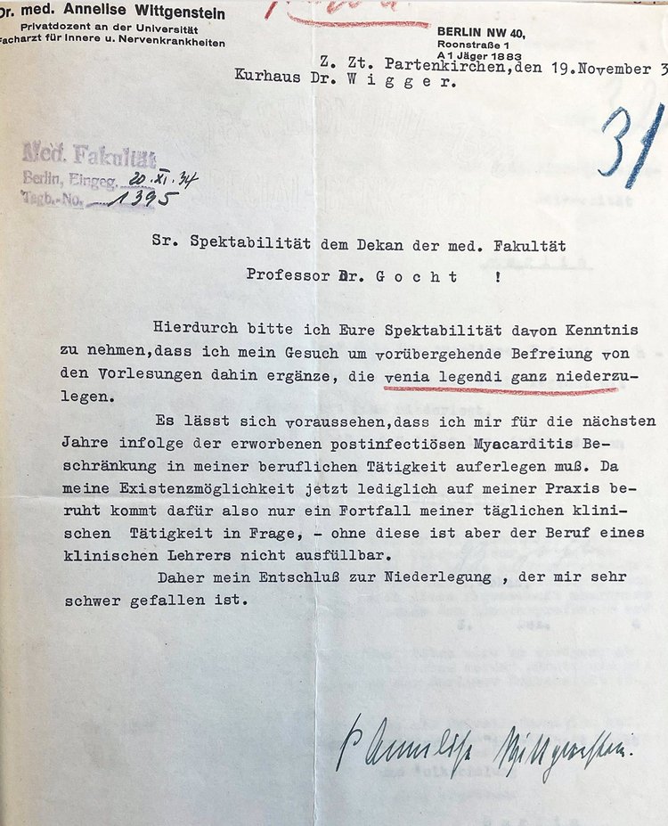 Ausschnitt aus der Habilitationsakte – Niederlegung der Venia legendi am 19.11.1934