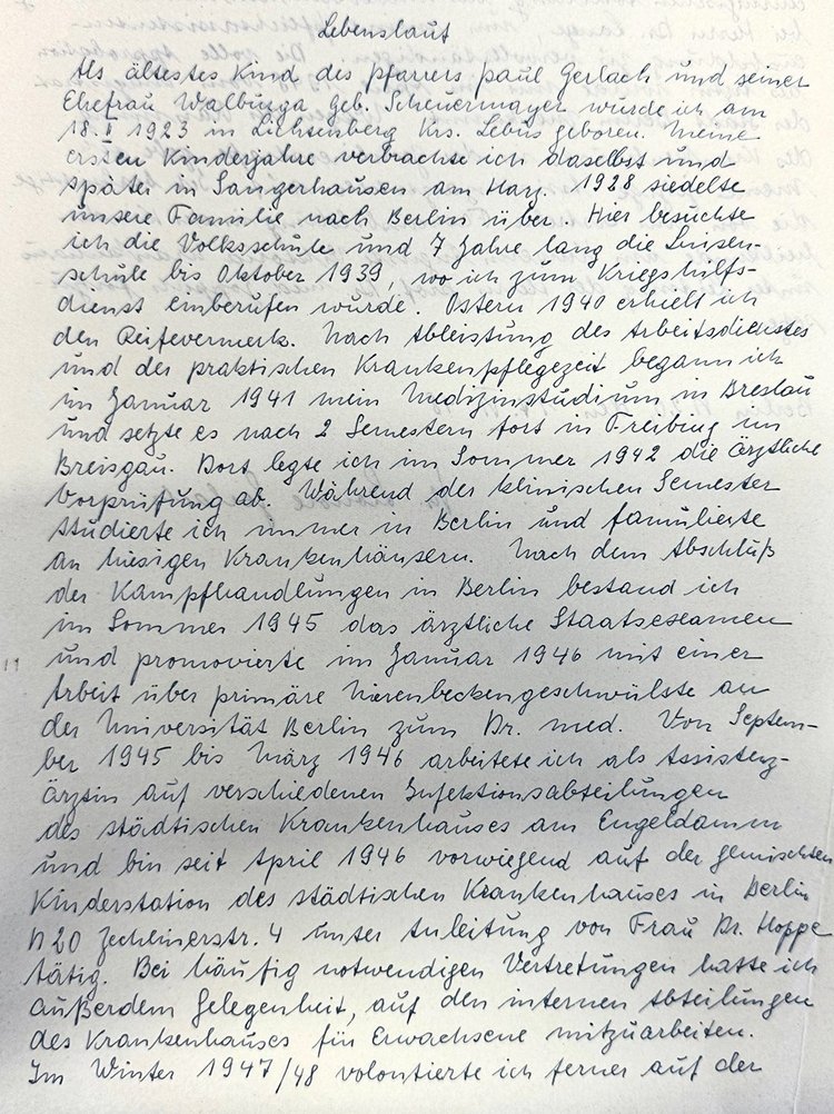Handgeschriebener Lebenslauf von Prof. Dr. med. Leonore Ballowitz. 