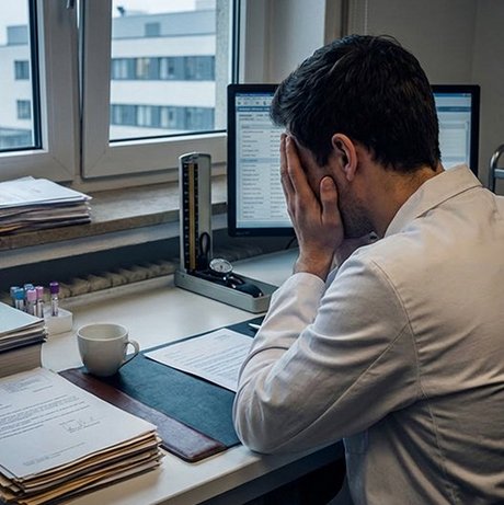 Symbolbild: Ärztekammer Berlin Junger Arzt am Schreibtisch.