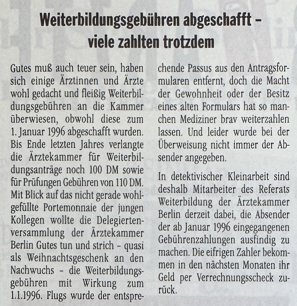 Berliner Ärzte, Meldung, Ausgabe 10/1996, Seite 6
