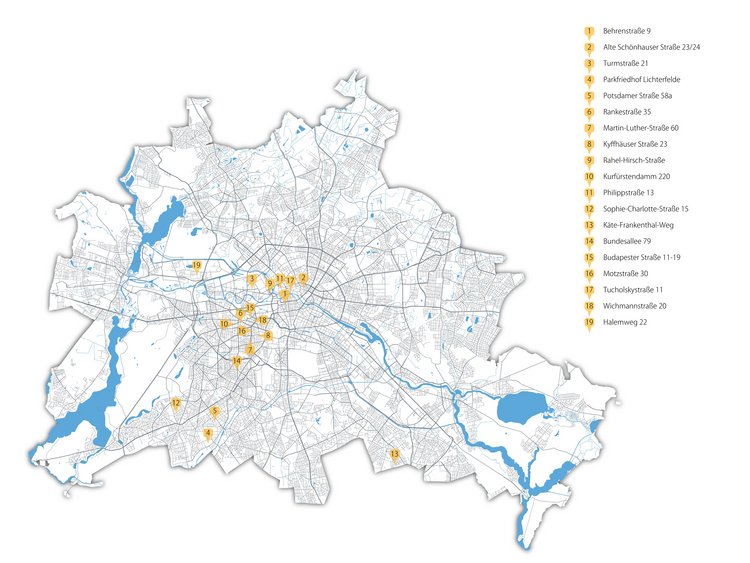 Berlin-Karte mit Erinnerungsorten und Spuren zu 12 Ärztinnen der ersten Generation