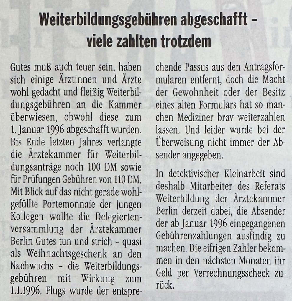 Berliner Ärzte, Meldung, Ausgabe 10/1996, Seite 6