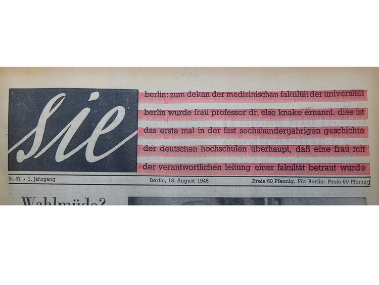 Ausschnitt des Titelblatts der Wochenzeitung „sie“ vom 18. August 1946
